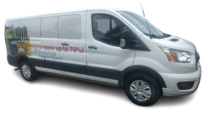 WinCour Ford Transit maxi van with Lake Buena Vista Factory Stores branding